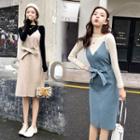 Set: Long-sleeve Top + V-neck Shift Pinafore Dress