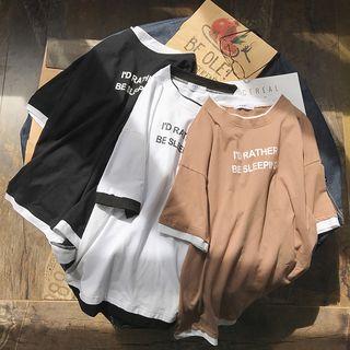 Mock Two-piece Letter Elbow-sleeve T-shirt