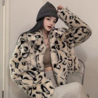Leopard Print Faux Fur Jacket Almond & Black - One Size
