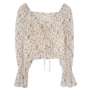 Long-sleeve Square-neck Floral Printed Chiffon Cropped Top Almond - One Size