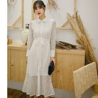 Long-sleeve Lace Shirtdress With Sash