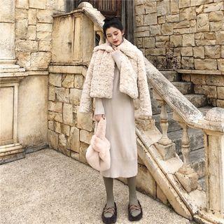 Furry Loose-fit Jacket / Plain Long-sleeve Knit Dress