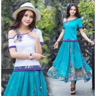 Flower Embroidered Tipped Cut Out Shoulder Short Sleeve T-shirt