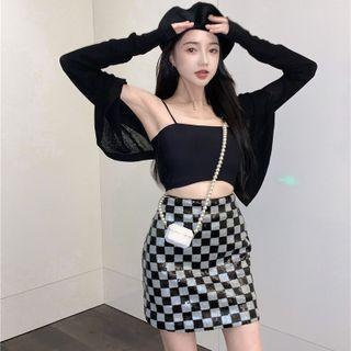 Cropped Camisole Top / Cropped Cardigan / Checkerboard A-line Skirt