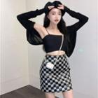 Cropped Camisole Top / Cropped Cardigan / Checkerboard A-line Skirt