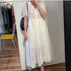 Short-sleeve Frill Trim Perforated Buttoned Midi Dress White - One Size
