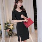 Slit-front Short-sleeved Knit Dress