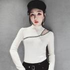 Long-sleeve Mock Neck Cut Out Lettering Knit Top