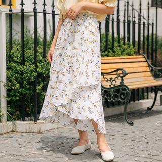 Asymmetric Floral Midi Skirt As Shown In Figure - One Size