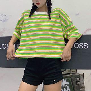 Rainbow Striped Slit-back T-shirt