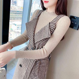 Set: Rib Knit Top + Houndstooth Double-breasted Pinafore Dress