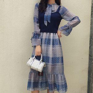 Set: Long Sleeve Ruffled Plaid Dress + Cropped Vest