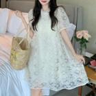 Puff-sleeve Floral Lace Smock Dress Almond - One Size