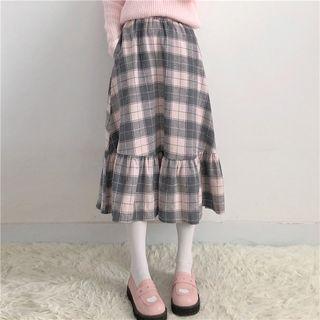 Plaid Ruffled Trim Midi Skirt