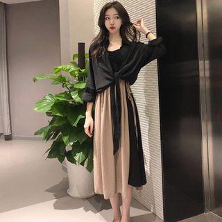 Long-sleeve Shirt / Drawstring Spaghetti-strap Dress