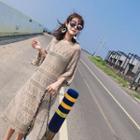 3/4-sleeve Perforated A-line Midi Knit Dress