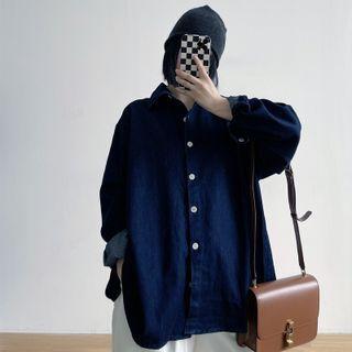 Lace-up Back Washed Denim Shirt Dark Blue - One Size