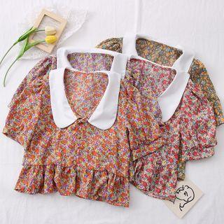 Peter Pan-collar Ruffled-hem Floral Crop Top