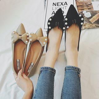Faux Pearl Bow Low Heel Pointed Pumps