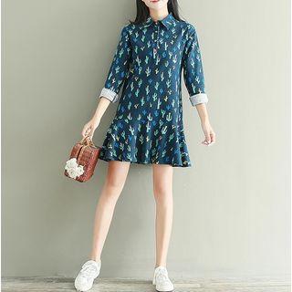 Cactus Print Long-sleeve Shirt Dress