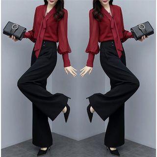 Set: Tie-neck Lantern-sleeve Chiffon Blouse + High-waist Wide-leg Pants