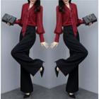 Set: Tie-neck Lantern-sleeve Chiffon Blouse + High-waist Wide-leg Pants