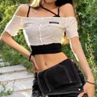 Set: Strappy Cropped Camisole Top + Short-sleeve Off-shoulder Cropped T-shirt