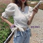 Puff-sleeve Tie-front Ruffled Blouse White - One Size