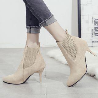 Pointed Knit & Faux Suede High Heel Ankle Boots