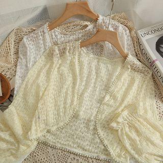 Pearl-trim Open-front Sheer Cape Top