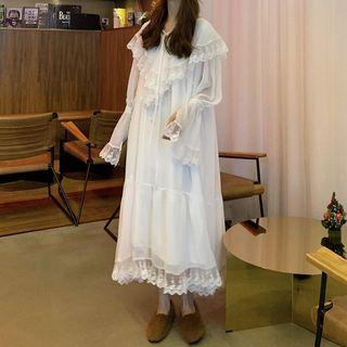 Long-sleeve Lace-trim Midi Chiffon Dress White - One Size