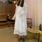 Long-sleeve Lace-trim Midi Chiffon Dress White - One Size