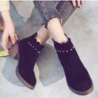 Faux Suede Studded Scallop Trim Block Heel Ankle Boots