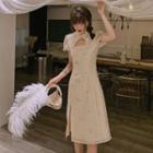 Puff-sleeve Cutout Floral Qipao Dress