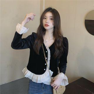 Frill Trim Velvet Blouse Black - One Size