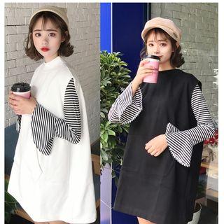 Striped Long-sleeve T-shirt / Plain Sleeveless Knit Dress