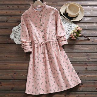 Frilled Trim Drawstring Waist Patterned Midi Dress