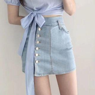 Denim Mini Pencil Skirt / Short-sleeve Bow Accent Cropped T-shirt / Set