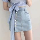 Denim Mini Pencil Skirt / Short-sleeve Bow Accent Cropped T-shirt / Set
