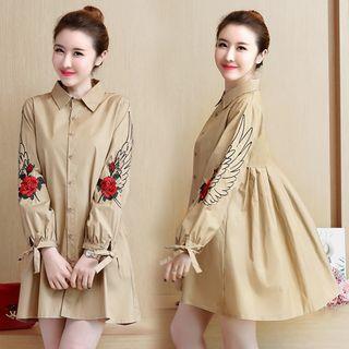 Rose Embroidered Mini A-line Shirt Dress