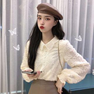 Flared-cuff Fringed Lace Blouse Almond - One Size
