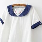 Cat Embroidered Sailor Collar Short Sleeve T-shirt