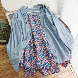 Set: Spaghetti Strap Floral Print A-line Dress + Long-sleeve Shirt