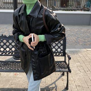 Faux Leather Button Jacket / Turtleneck Sweater
