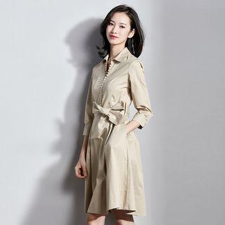 Tie-waist 3/4-sleeve Collared Dress