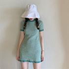 Plaid Short-sleeve Mini Dress Green - One Size