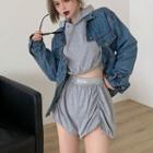 Denim Jacket / Long-sleeve Crop Top / Wide-leg Pants