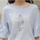 Printed Cutout Elbow-sleeve T-shirt