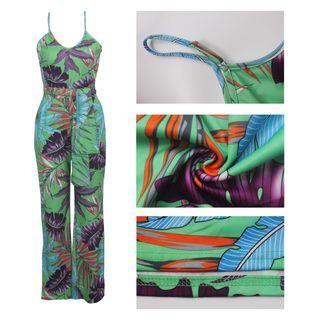 Spaghetti Strap Leaf Print Wide Leg Jumpsuit