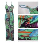 Spaghetti Strap Leaf Print Wide Leg Jumpsuit